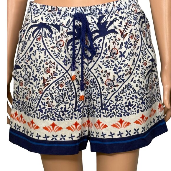 Joie Pants - Joie Women Blue Orange Tropical Floral Linen Blend Drawstring Shorts Size Medium